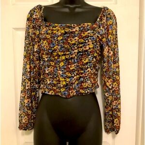 Almost Famous Shirt Sz Large Black Floral Long Sleeve Crop Top Off The Shoulder
